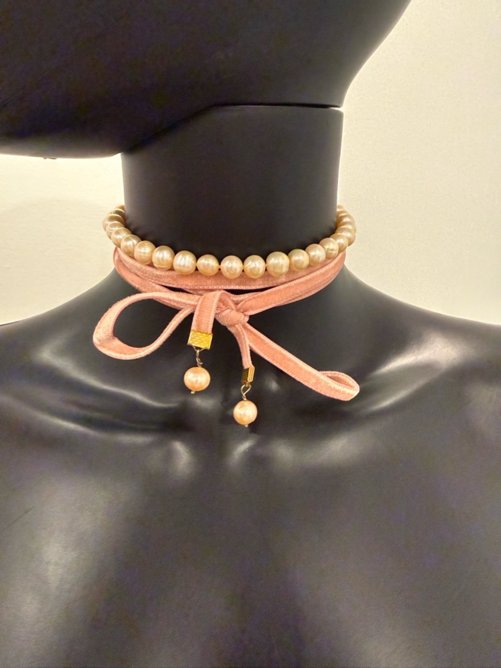 Magda Butrym Blush Pink Pearl Velvet Ribbon Choker Necklace Romantic Statement